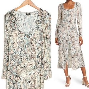 AFRM Mariska Floral Long Sleeves Square Neck Button Front Midi Dress Snake sz M